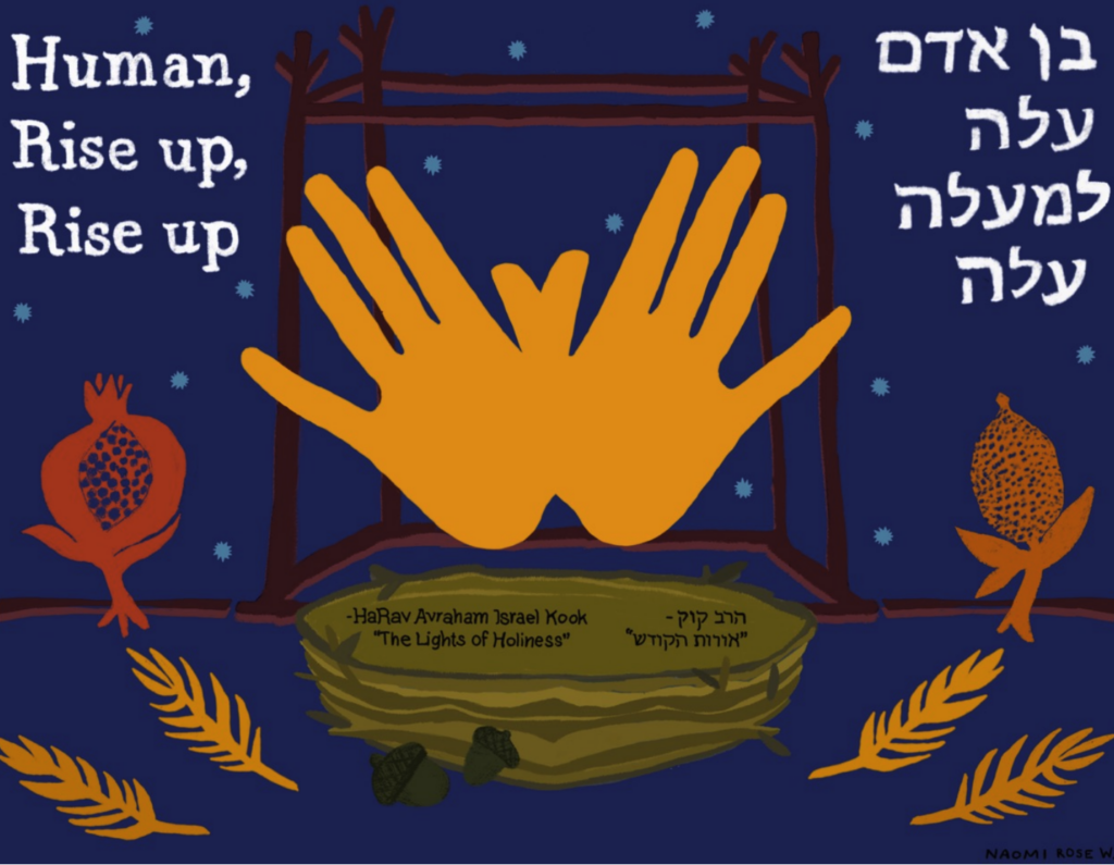 Illustration of hands, pomegranates, and text Human, Rise up, Rise up in English and Hebrew on a blue background.